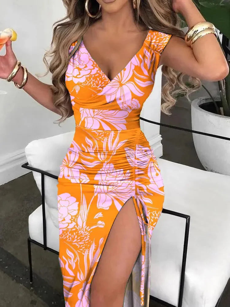 Women Elegant Spring High Split Party Dress 2025 Office Lady V Neck Slim Mid Dress Femme Sleeveless Summer Casual Dress Vestidos