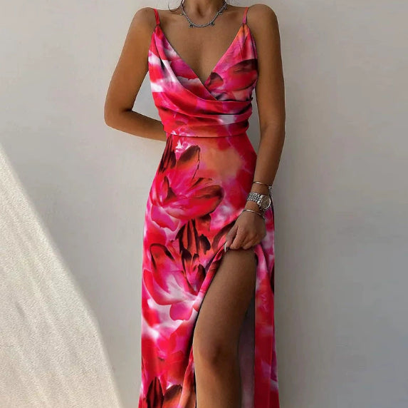 V-Neck Slit Sling Dress Summer Fashion Sexy Slim Suspender Dresses for Women Clothing