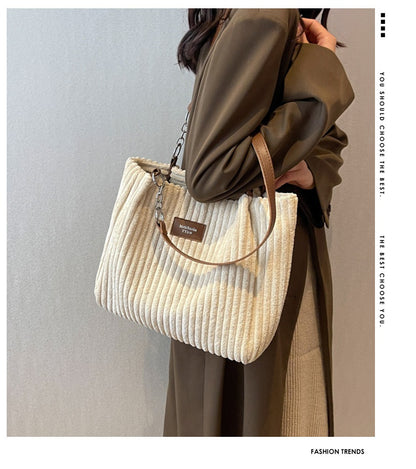 Large Capacity Casual Corduroy Zipper Handbag