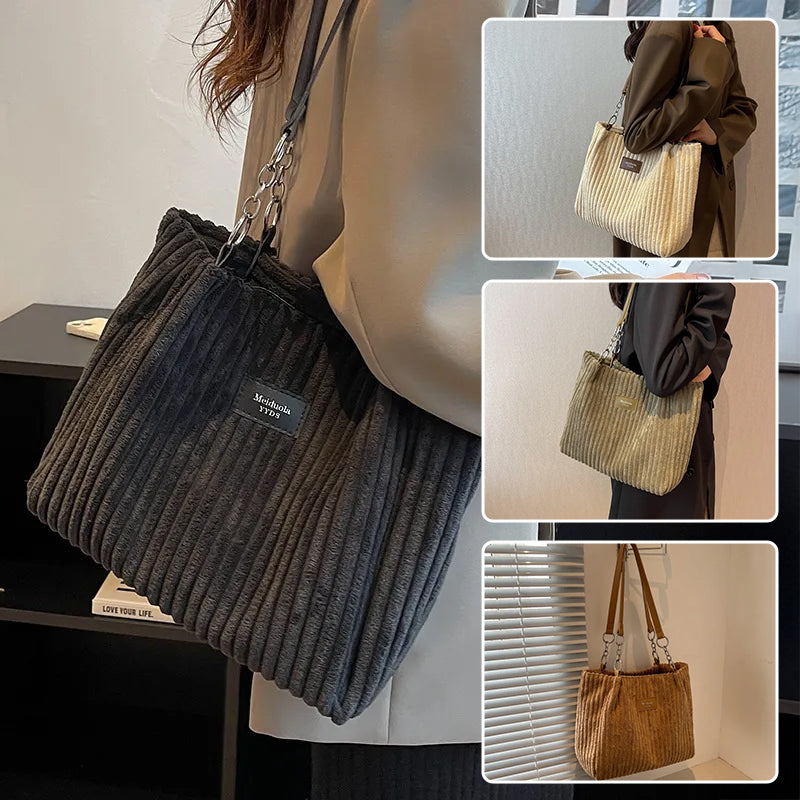 Large Capacity Casual Corduroy Zipper Handbag