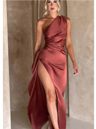 One-Shoulder Backless Slit Solid Colour Satin Dress