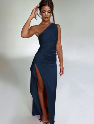 One-Shoulder Backless Slit Solid Colour Satin Dress