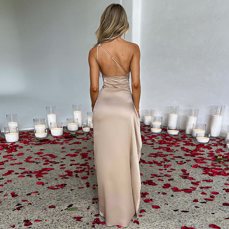 One-Shoulder Backless Slit Solid Colour Satin Dress