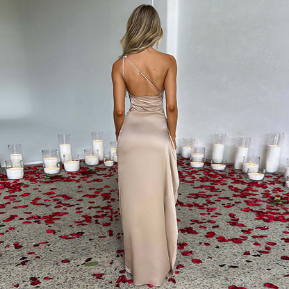 One-Shoulder Backless Slit Solid Colour Satin Dress