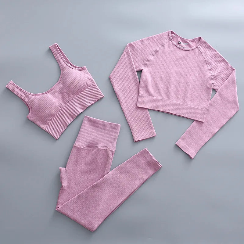 2/3 Piece Set Women Gym Wear Seamless Yoga Set Sports Bra Crop Top High Waist Leggings 