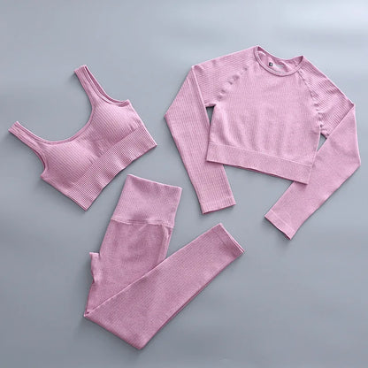 2/3 Piece Set Women Gym Wear Seamless Yoga Set Sports Bra Crop Top High Waist Leggings 