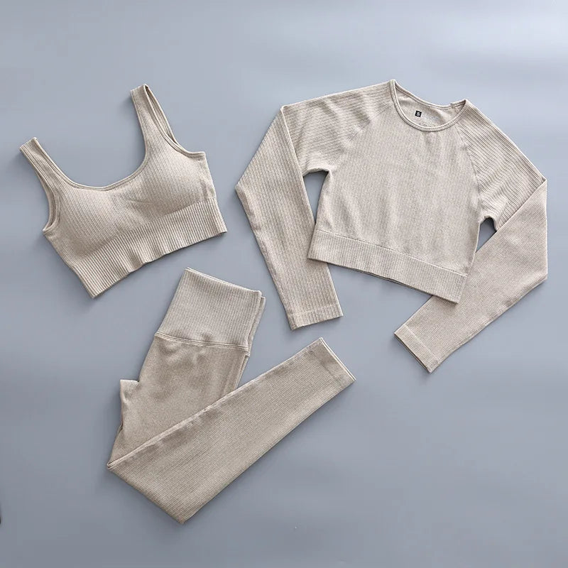 2/3 Piece Set Women Gym Wear Seamless Yoga Set Sports Bra Crop Top High Waist Leggings 
