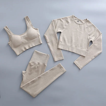 2/3 Piece Set Women Gym Wear Seamless Yoga Set Sports Bra Crop Top High Waist Leggings 