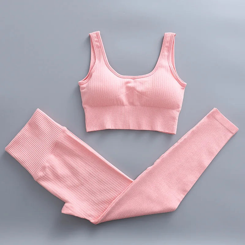 2/3 Piece Set Women Gym Wear Seamless Yoga Set Sports Bra Crop Top High Waist Leggings 