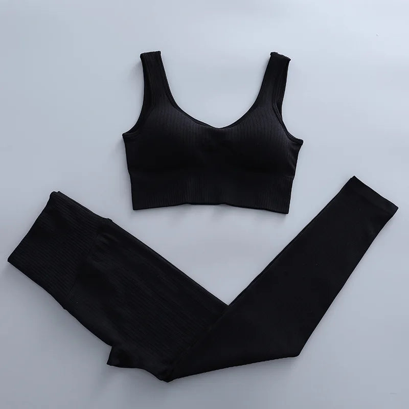 2/3 Piece Set Women Gym Wear Seamless Yoga Set Sports Bra Crop Top High Waist Leggings 