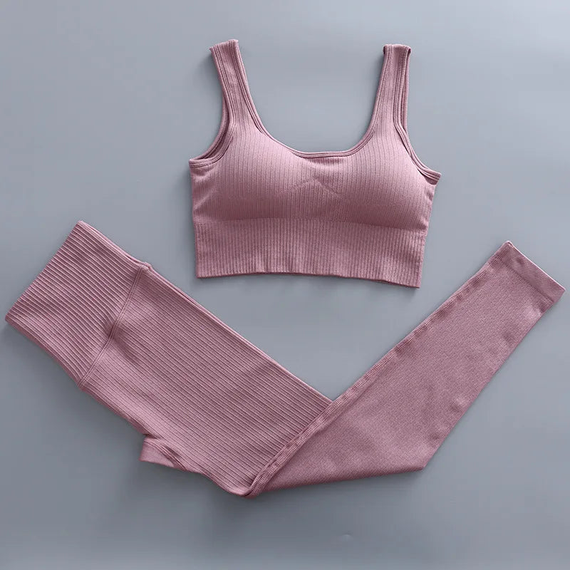 2/3 Piece Set Women Gym Wear Seamless Yoga Set Sports Bra Crop Top High Waist Leggings 