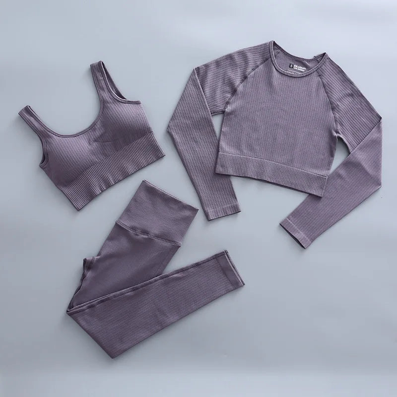 2/3 Piece Set Women Gym Wear Seamless Yoga Set Sports Bra Crop Top High Waist Leggings 