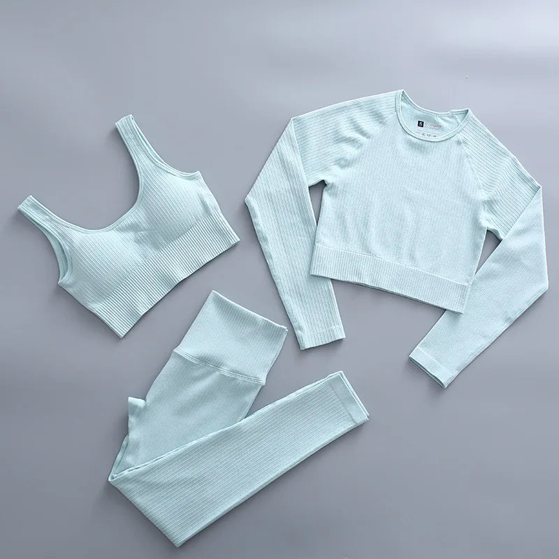 2/3 Piece Set Women Gym Wear Seamless Yoga Set Sports Bra Crop Top High Waist Leggings 