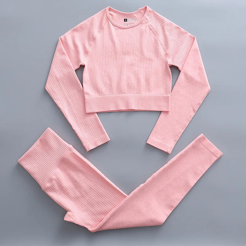 2/3 Piece Set Women Gym Wear Seamless Yoga Set Sports Bra Crop Top High Waist Leggings 