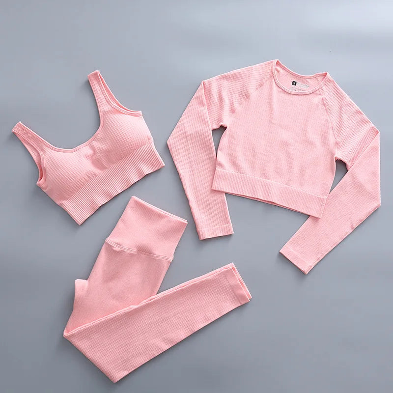 2/3 Piece Set Women Gym Wear Seamless Yoga Set Sports Bra Crop Top High Waist Leggings 