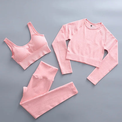 2/3 Piece Set Women Gym Wear Seamless Yoga Set Sports Bra Crop Top High Waist Leggings 