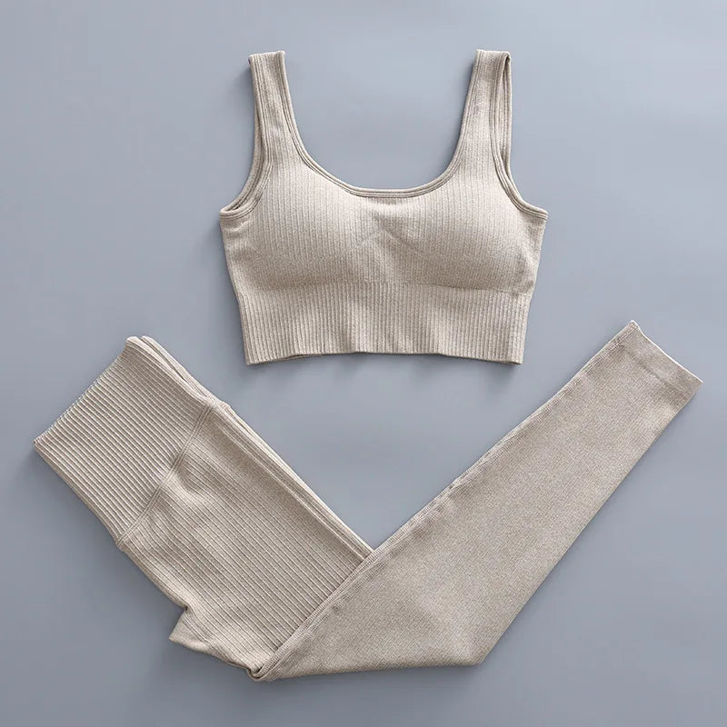2/3 Piece Set Women Gym Wear Seamless Yoga Set Sports Bra Crop Top High Waist Leggings 