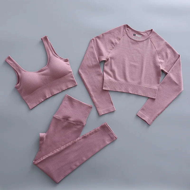 2/3 Piece Set Women Gym Wear Seamless Yoga Set Sports Bra Crop Top High Waist Leggings 