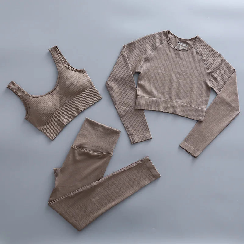 2/3 Piece Set Women Gym Wear Seamless Yoga Set Sports Bra Crop Top High Waist Leggings 