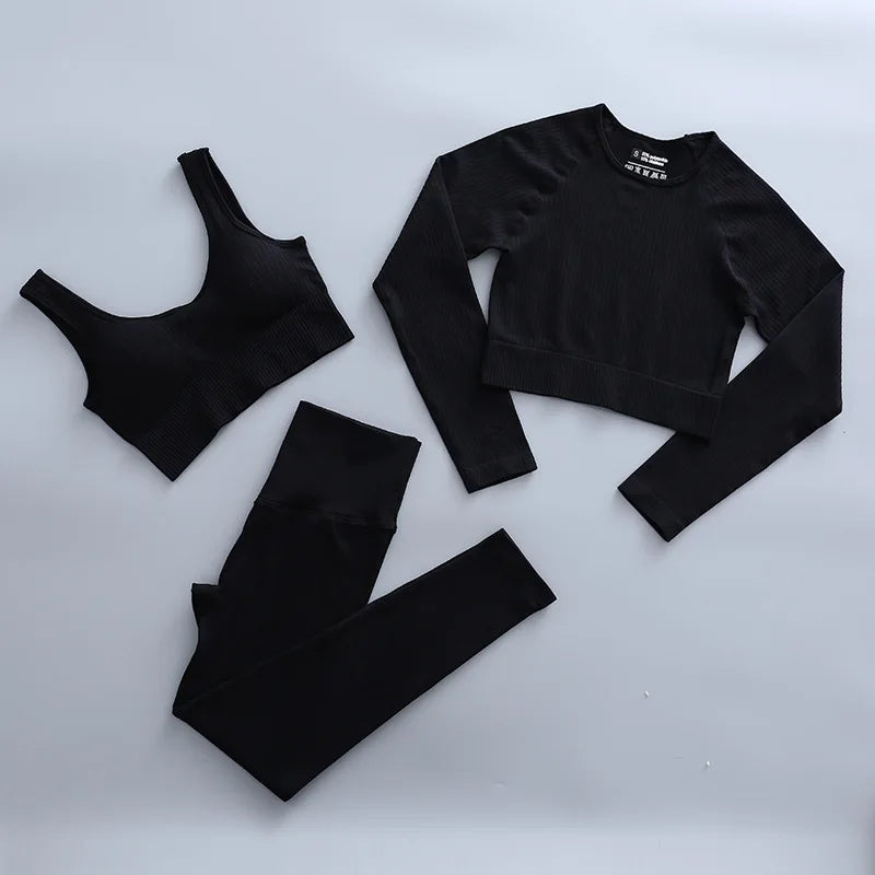 2/3 Piece Set Women Gym Wear Seamless Yoga Set Sports Bra Crop Top High Waist Leggings 