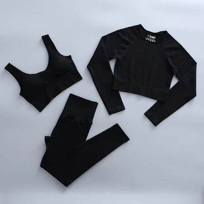 2/3 Piece Set Women Gym Wear Seamless Yoga Set Sports Bra Crop Top High Waist Leggings 