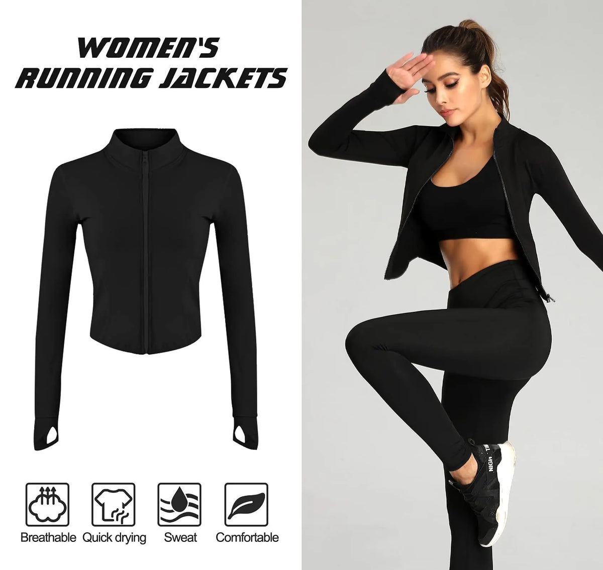 Women's Tracksuit Jacket Slim Fit Long Sleeved Fitness Coat with Thumb Holes 