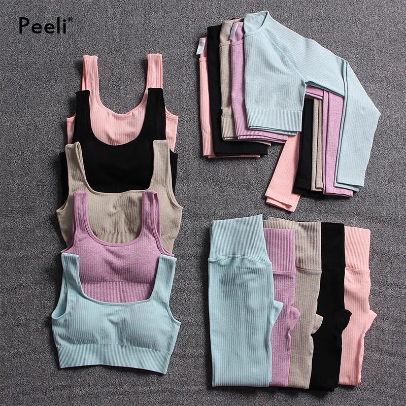 2/3 Piece Set Women Gym Wear Seamless Yoga Set Sports Bra Crop Top High Waist Leggings 