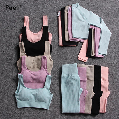 2/3 Piece Set Women Gym Wear Seamless Yoga Set Sports Bra Crop Top High Waist Leggings 