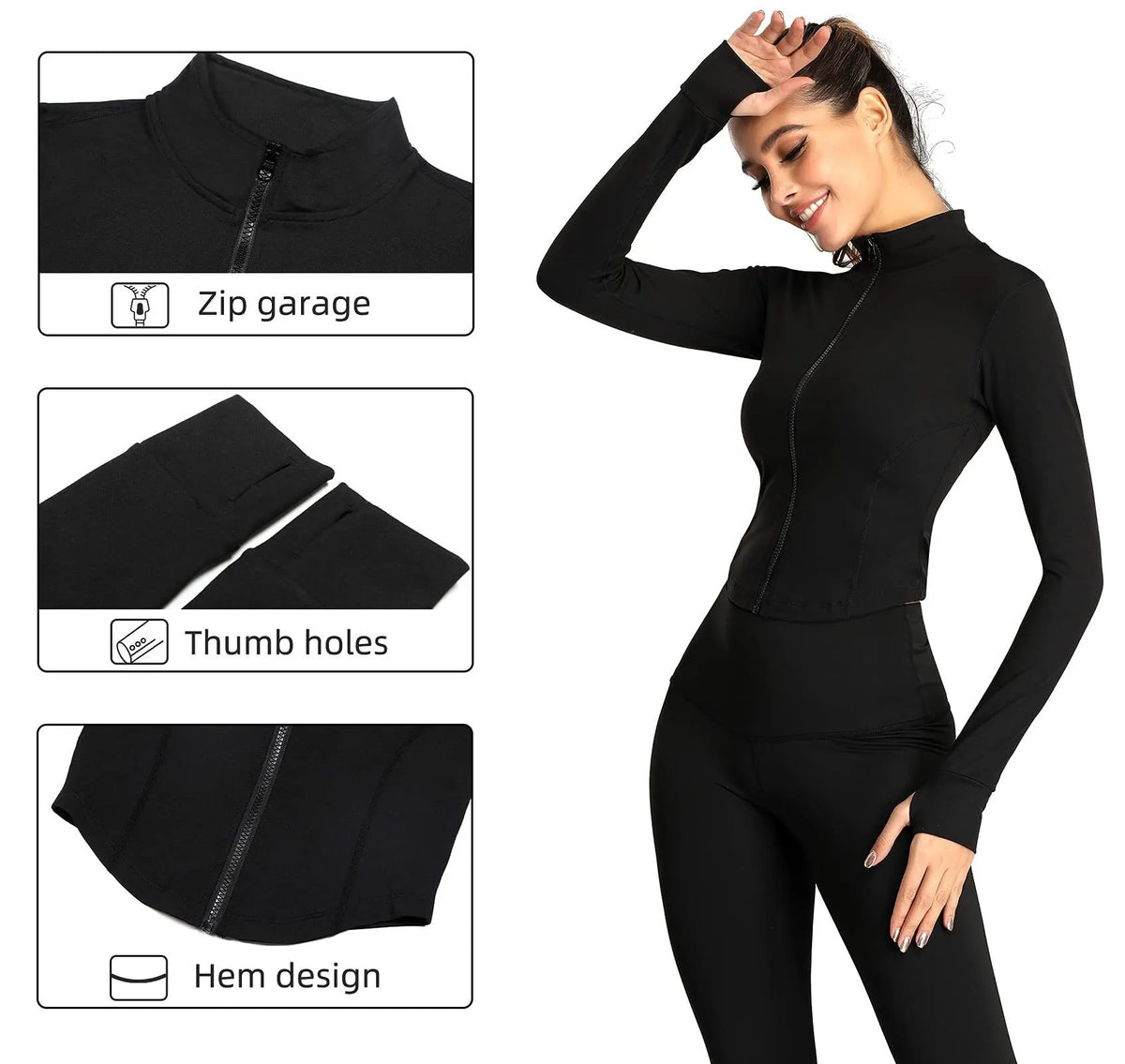 Women's Tracksuit Jacket Slim Fit Long Sleeved Fitness Coat with Thumb Holes 