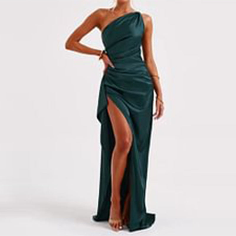 One-Shoulder Backless Slit Solid Colour Satin Dress